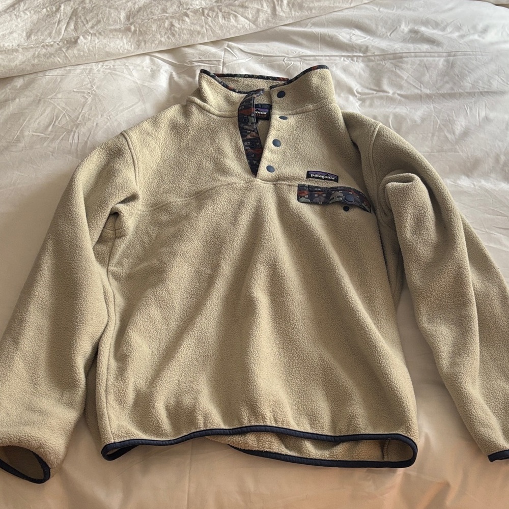 Patagonia Tan Fleece Pullover with Patterned Trim
